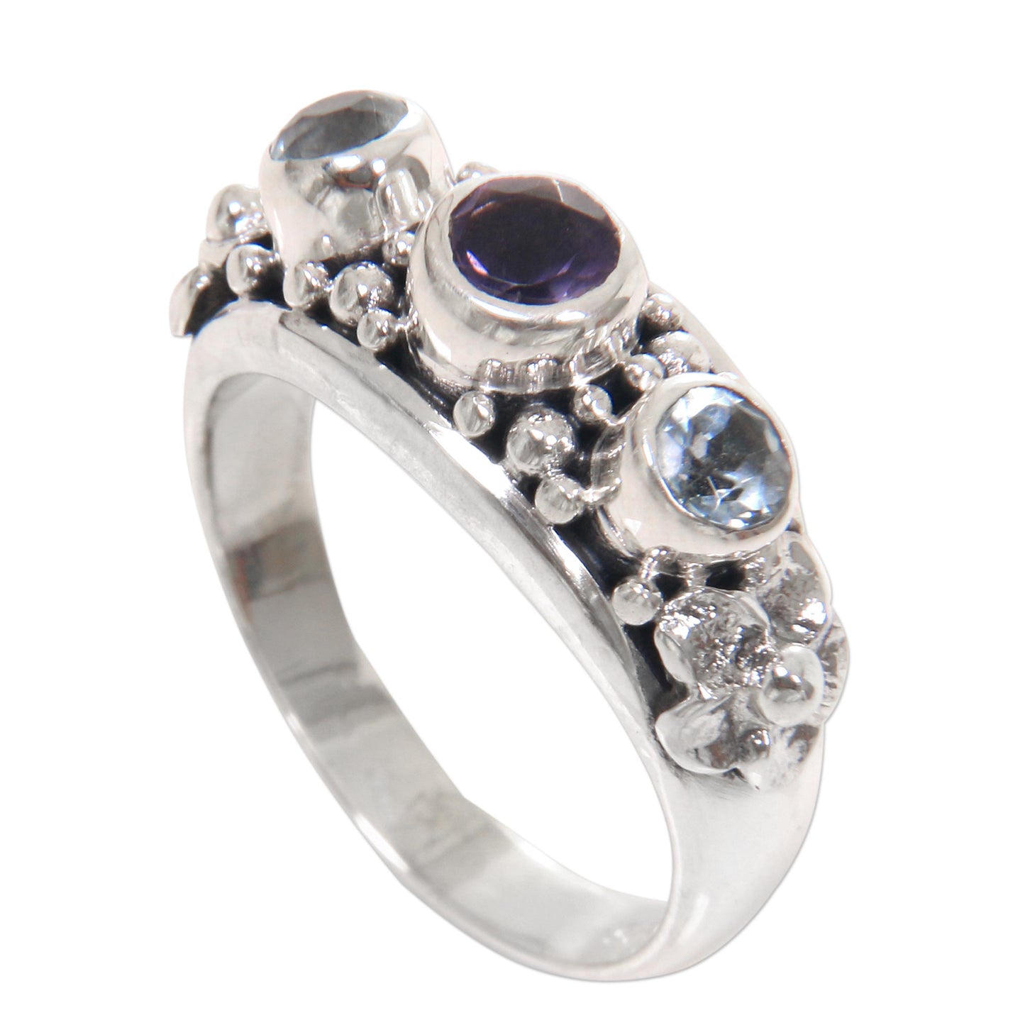 Seminyak Blossoms Amethyst and Blue Topaz Sterling Silver Floral Ring