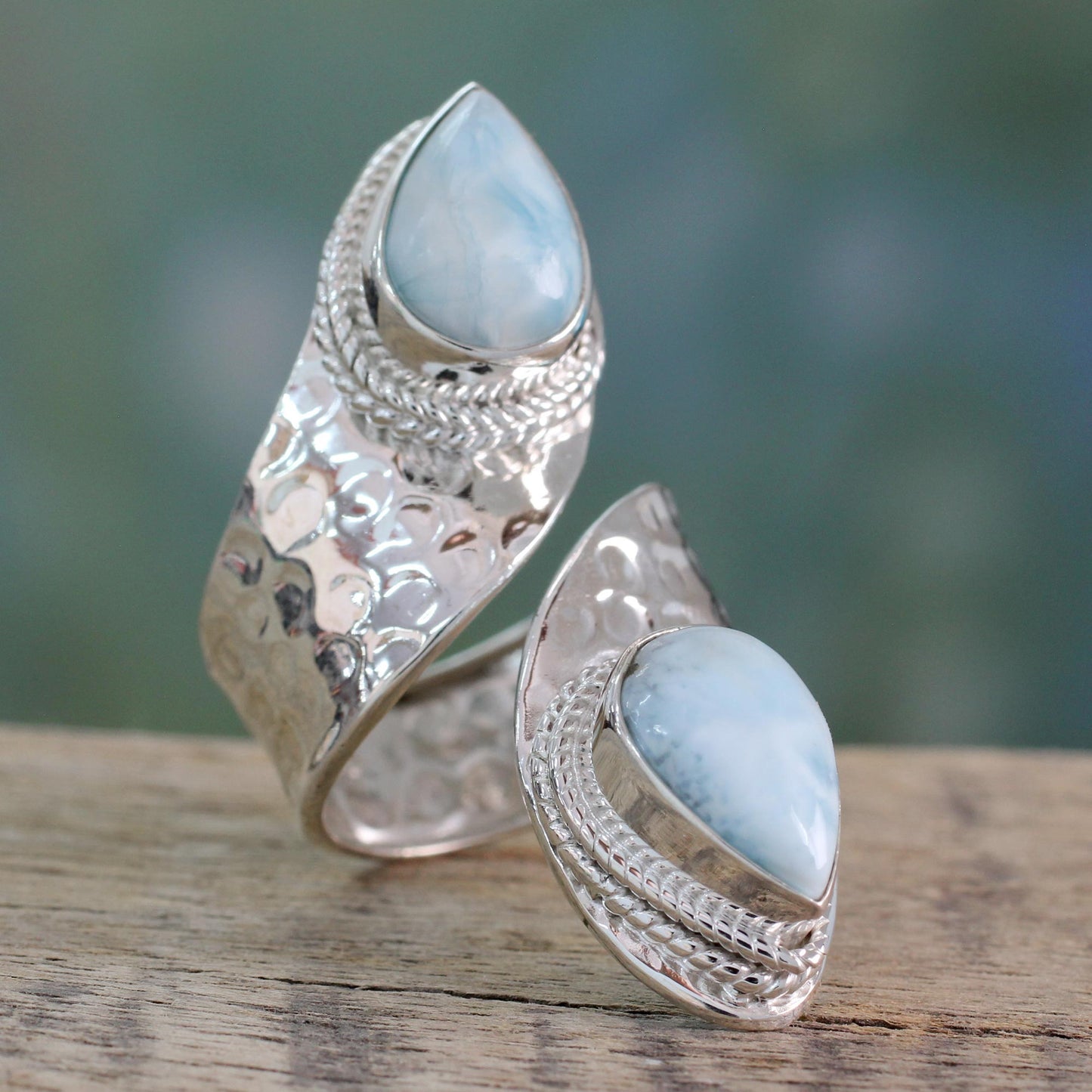 Dreamy Duo Wrap Style Ring in Sterling Silver with Larimar Gems