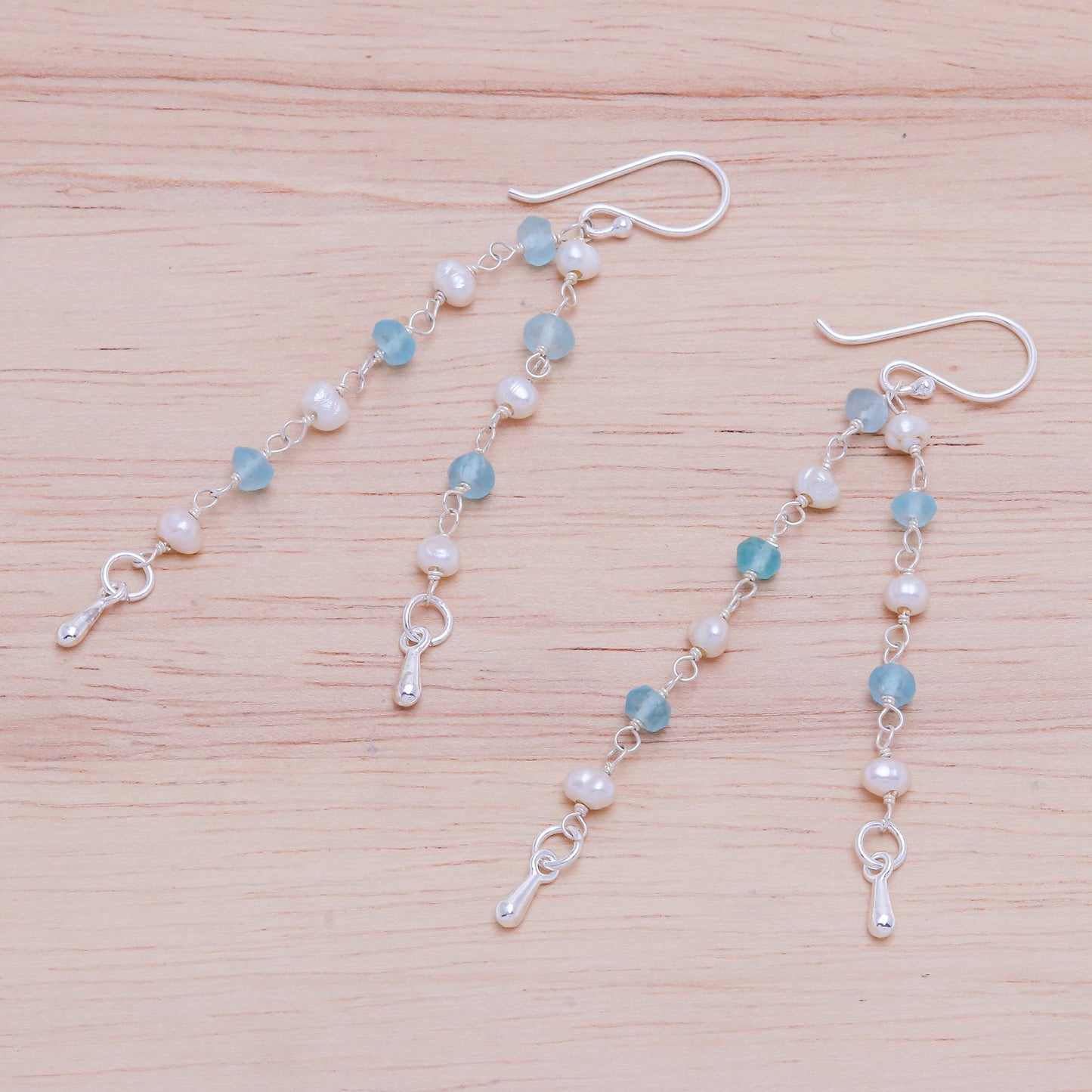 Morning Peace Handmade Apatite and Cultured Pearl Dangle Earrings