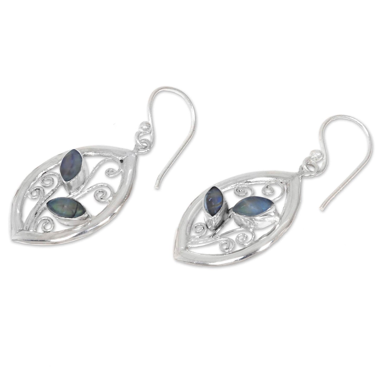 Paradise Leaves 925 Sterling Silver Leaf Earrings with Rainbow Moonstone