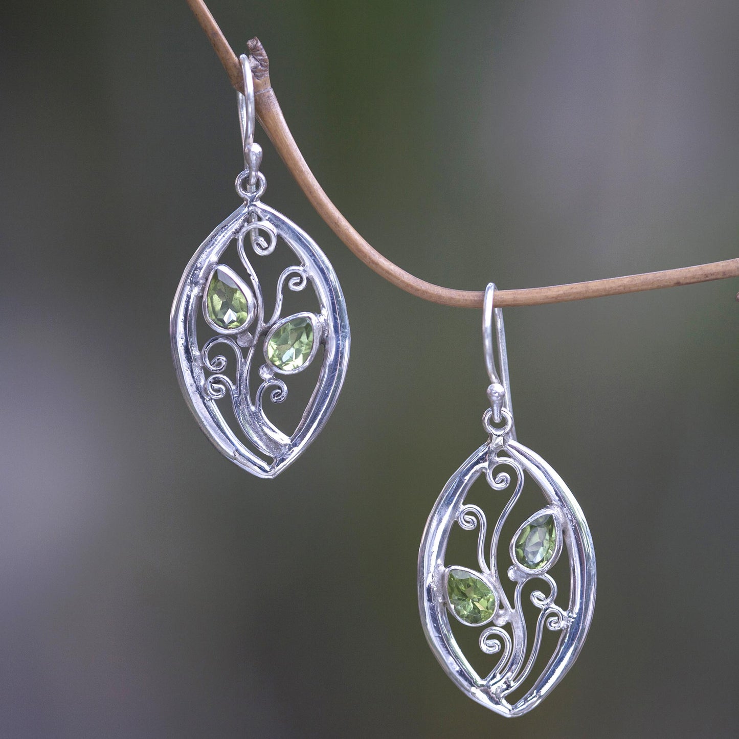 Paradise Leaves Artisan Crafted Sterling Silver Leaf Earrings with Peridot