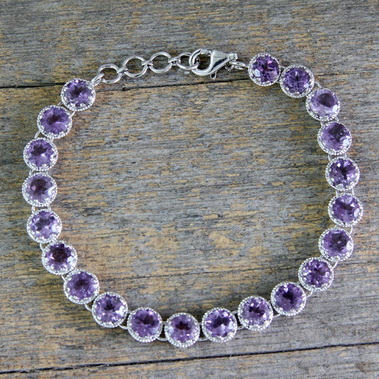 Violet Enchantment Artisan Handcrafted Silver Tennis Bracelet with 21 Amethysts