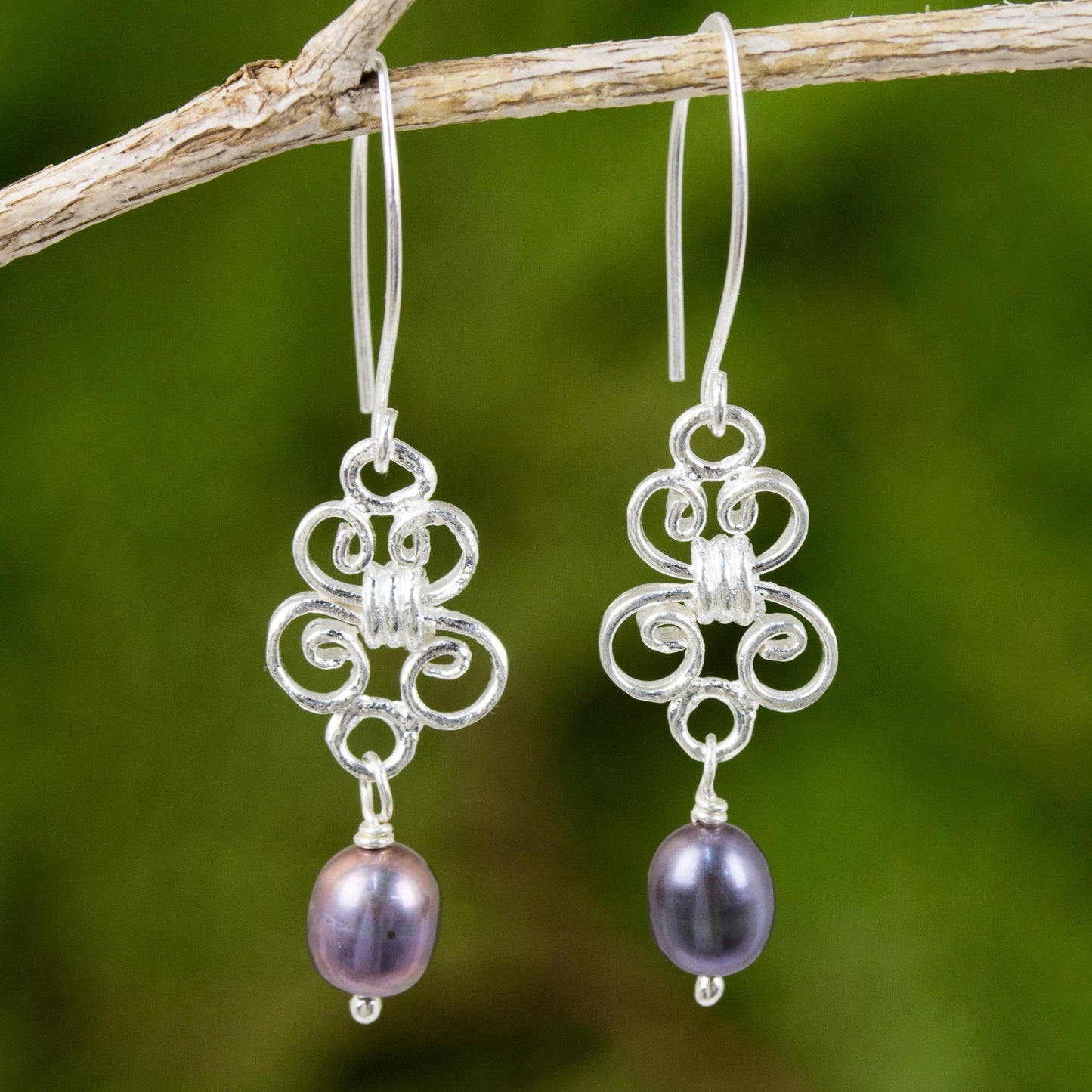 Enchanted Wind in Grey Hand Crafted Grey Pearl and Sterling Silver Dangle Earrings