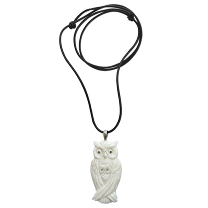 White Owl Family Adjustable Carved Bone Pendant Necklace