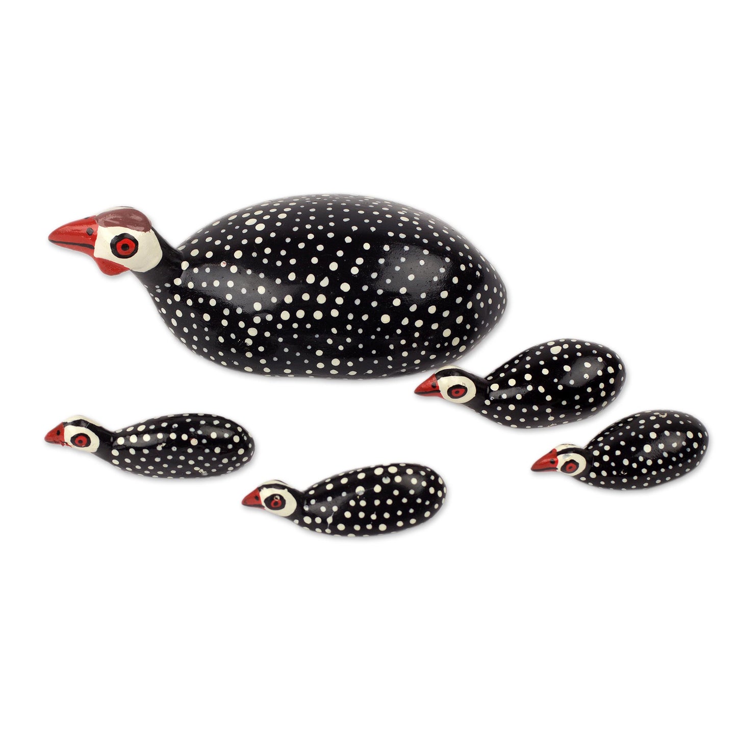 Guinea Fowl Set of 5 Hand Carved African Guinea Fowl Chicken Sculptures