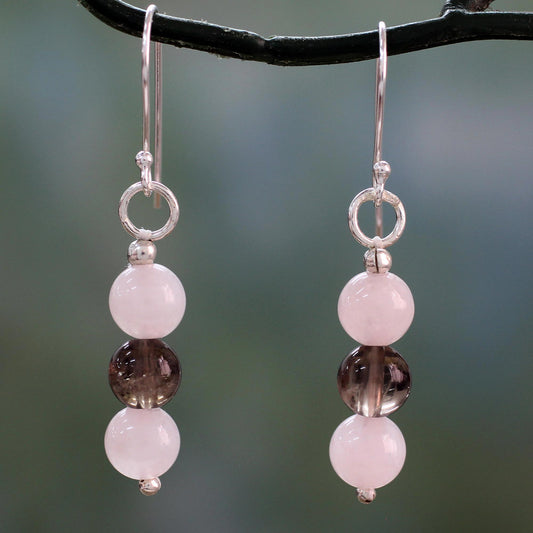 Subtle Mysteries Handcrafted Rose Quartz Earrings with Smoky Quartz