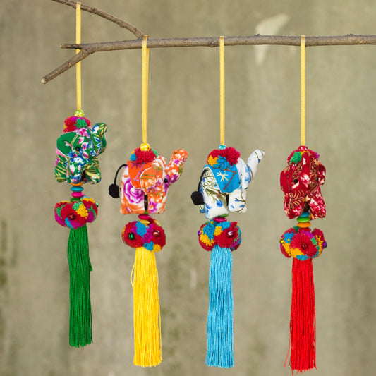 Happy Lanna Elephants Set of 4 Multicolor Thai Elephant Ornaments Crafted by Hand