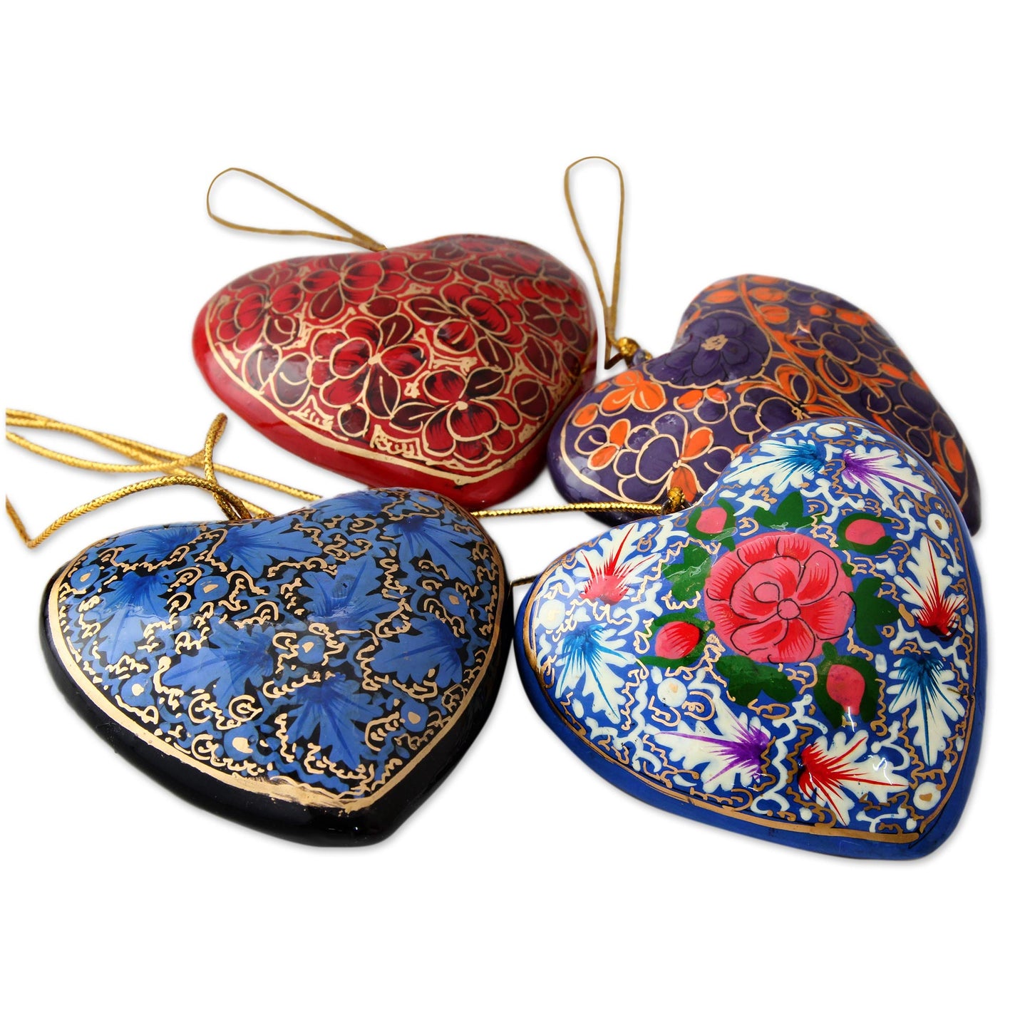 Bouquet of Hearts 4 Artisan Crafted Papier Mache Ornaments Flower Hearts Set