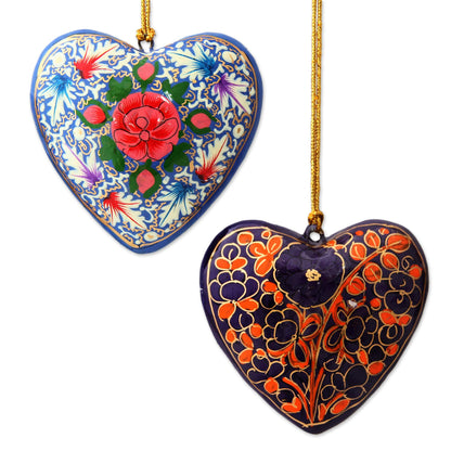 Bouquet of Hearts 4 Artisan Crafted Papier Mache Ornaments Flower Hearts Set