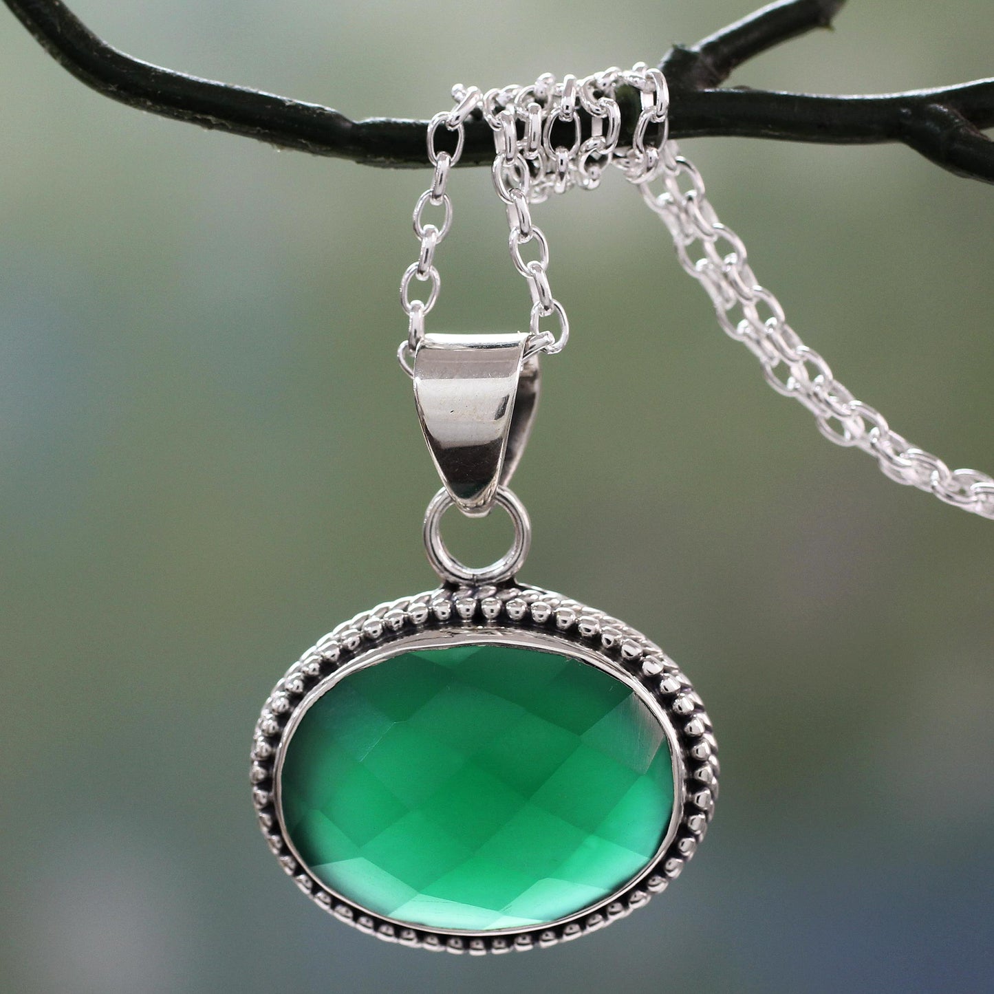 Green Transformation Lush Green Onyx Gem on Sterling Silver Necklace from India