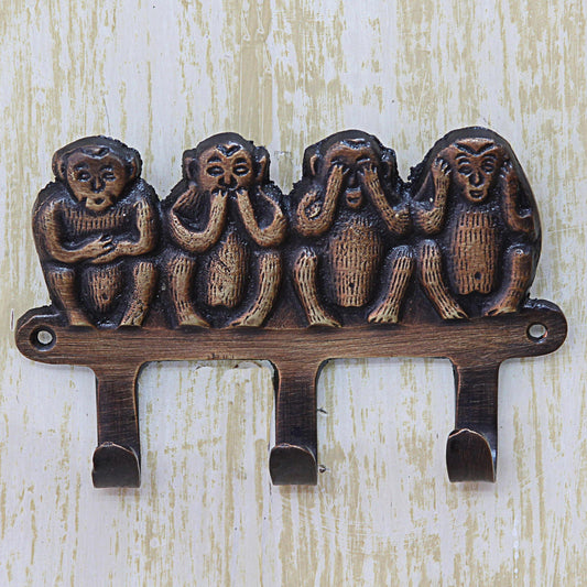 Four Wise Monkeys Hand Crafted Monkey Brass Key Chain Holder from India