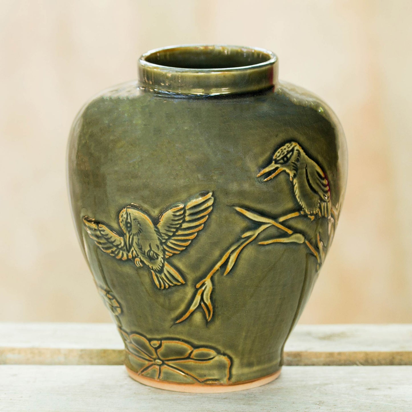 Hummingbirds and Bamboo Thai Hand Crafted Green Ceramic Vase with Bird Motif