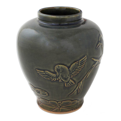 Hummingbirds and Bamboo Thai Hand Crafted Green Ceramic Vase with Bird Motif