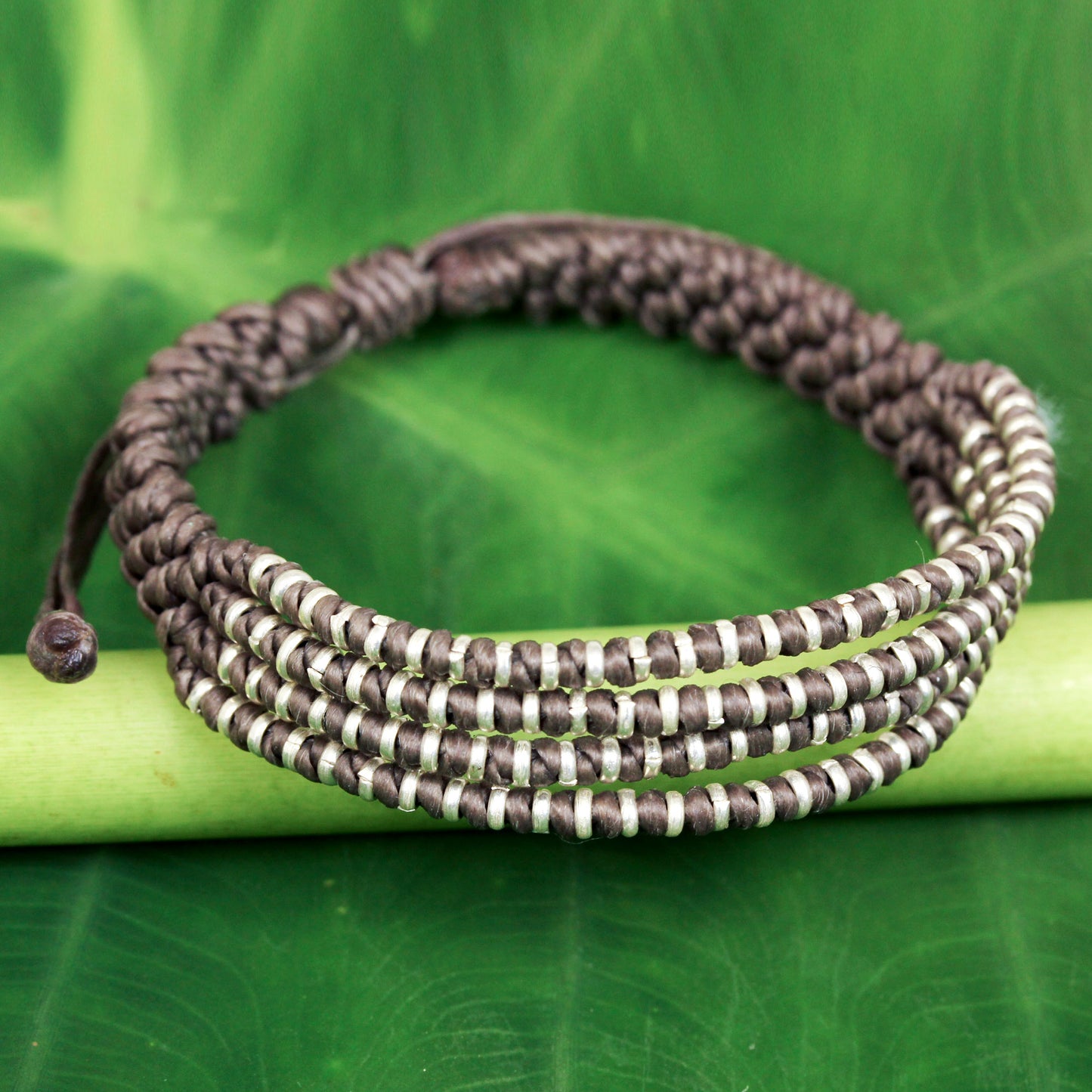 Grey Chiang Mai Quartet Hand Knotted Grey Cord Bracelet with Silver Accents