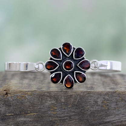 Garnet Floral Handmade Garnet and Sterling Silver Floral Bangle Bracelet