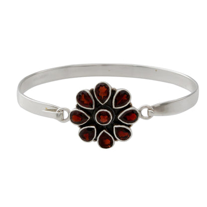 Garnet Floral Handmade Garnet and Sterling Silver Floral Bangle Bracelet