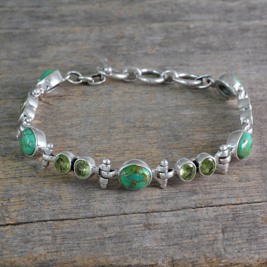 Green Glow Peridot and Reconstituted Turquoise Silver Link Bracelet