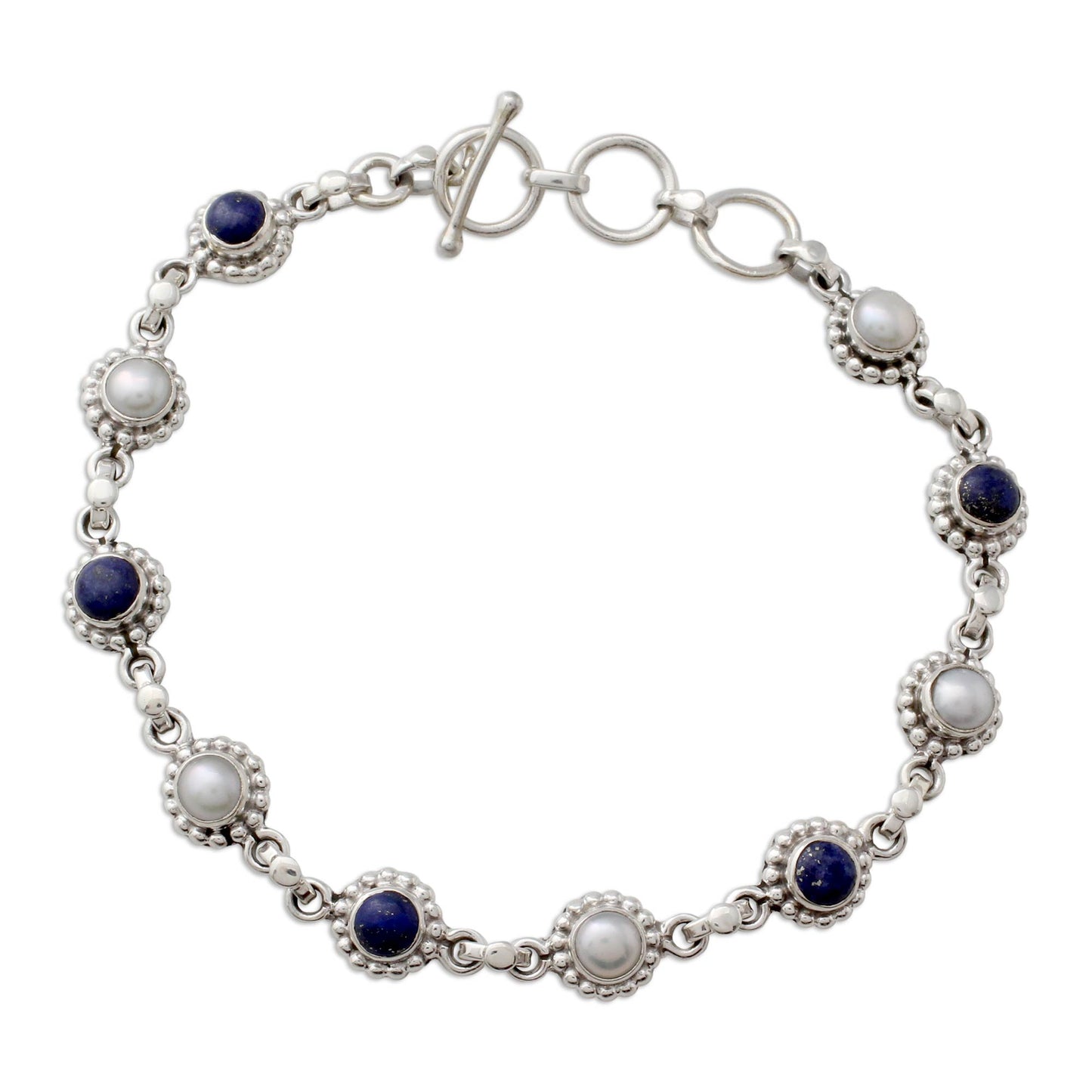 Petite Flowers Cultured Pearl Floral Bracelet in Silver with Lapis Lazuli