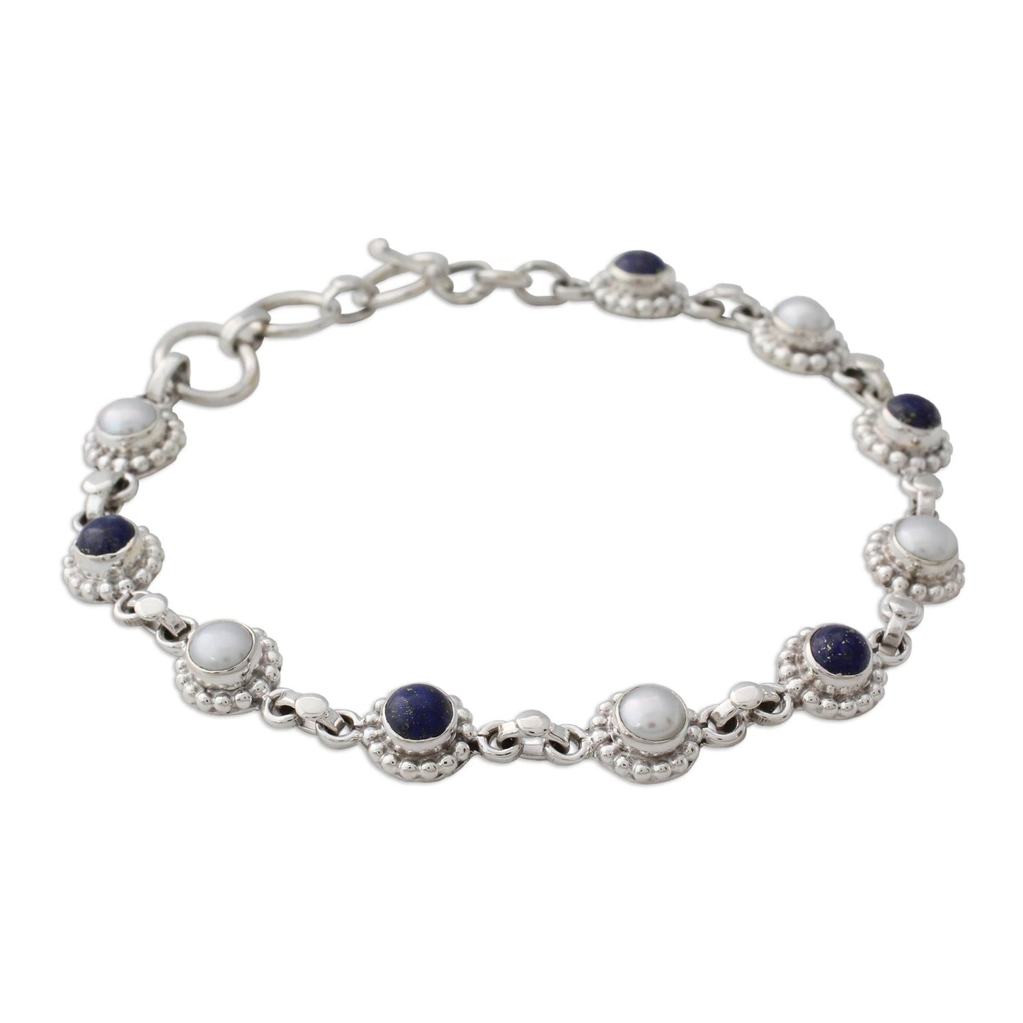 Petite Flowers Cultured Pearl Floral Bracelet in Silver with Lapis Lazuli