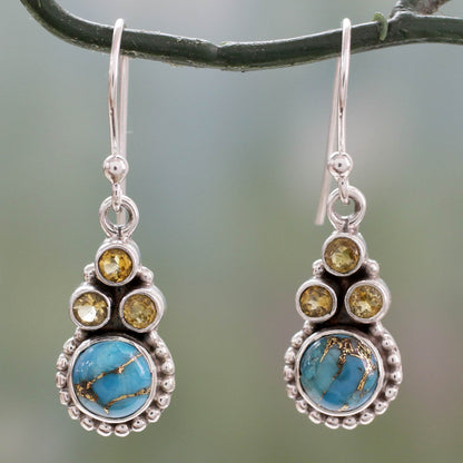 Petite Flowers Indian Sterling Silver Earrings with Citrine and Turquoise