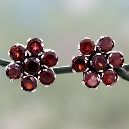 Romantic Blossom Artisan Crafted Floral Button Earrings with Garnet