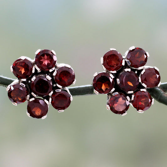 Romantic Blossom Artisan Crafted Floral Button Earrings with Garnet