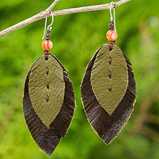 Leafy Traditions Artisan Crafted Carnelian and Leather Dangle Earrings