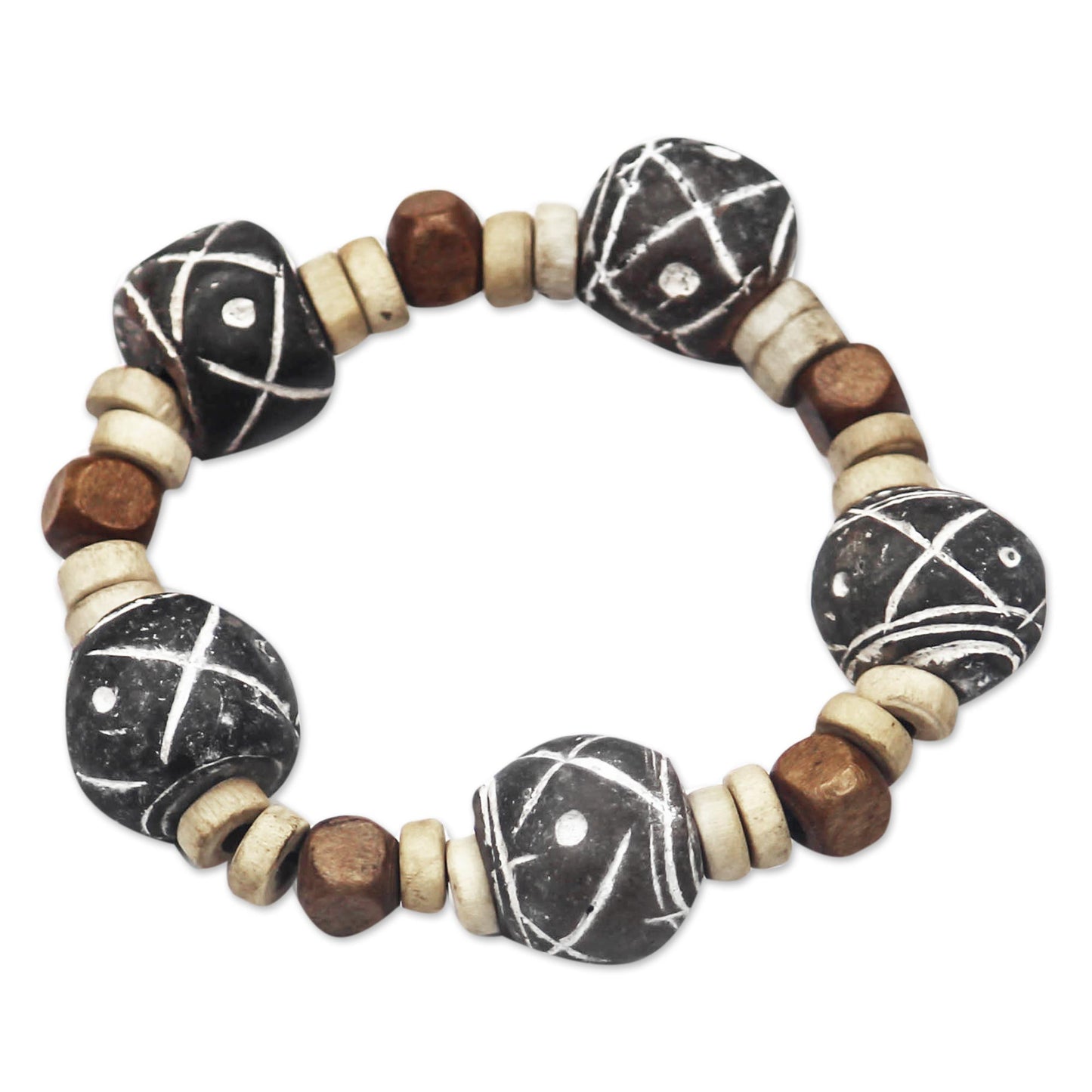 Dreams at Dusk Terracotta and Sese Wood Beaded Stretch Bracelet from Ghana