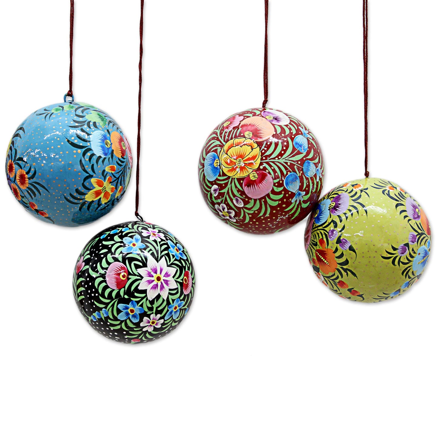 Floral Beauty Hand Painted Multicolored Floral Ornaments (Set of 4)