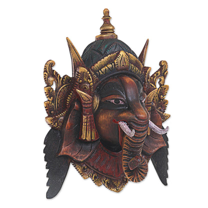 Bestower of Happiness Artisan Crafted Acacia Wood Mask of Ganesha from Bali