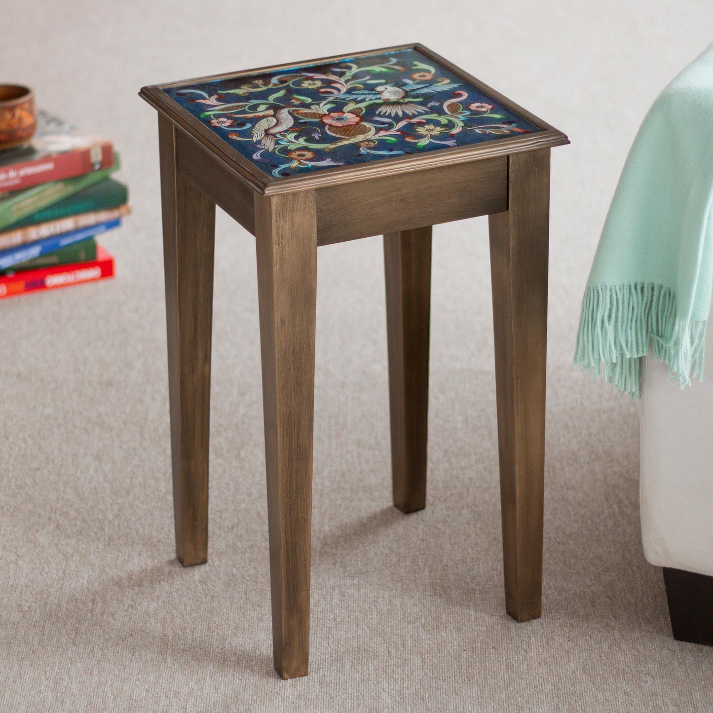 Birds in the Heavens Hand Painted Glass Top Wood Accent Table