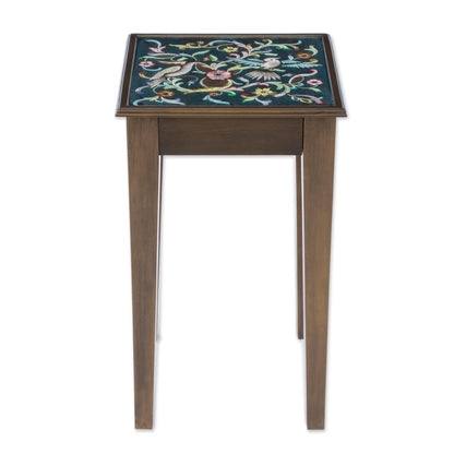 Birds in the Heavens Hand Painted Glass Top Wood Accent Table