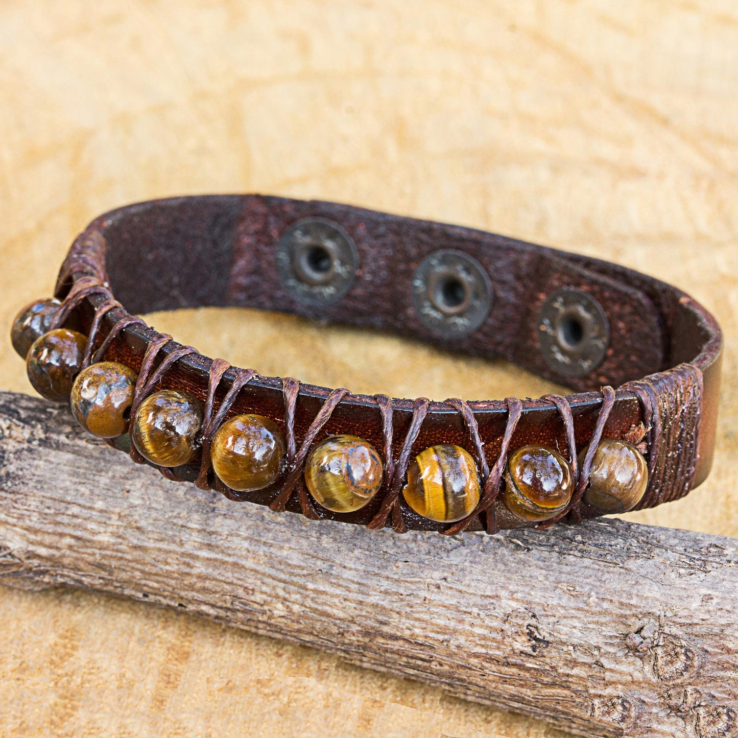 Rock Walk Handmade Tiger's Eye and Leather Band Bracelet from Thailand