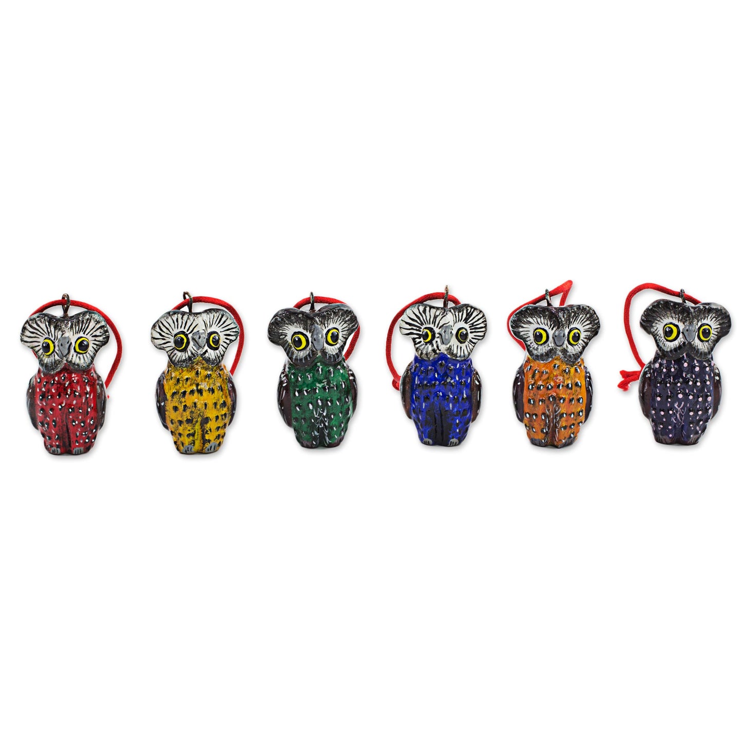 Owls of Tikal Handcrafted Ceramic Bird Ornaments (Set of 6 Owls)