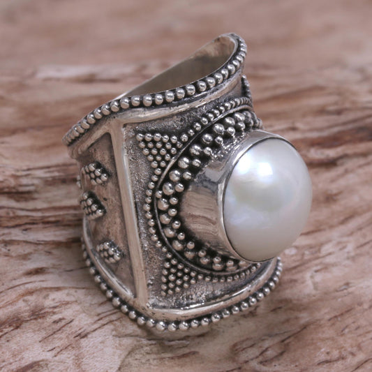 Glowing Heroine Wide Silver and Cultured Mabe Pearl Ring from Bali