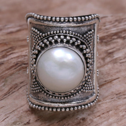 Glowing Heroine Wide Silver and Cultured Mabe Pearl Ring from Bali