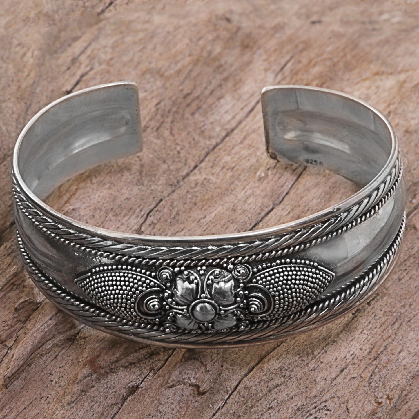 Elegant Blossom Sterling Silver Flower Cuff Bracelet Handmade in Indonesia