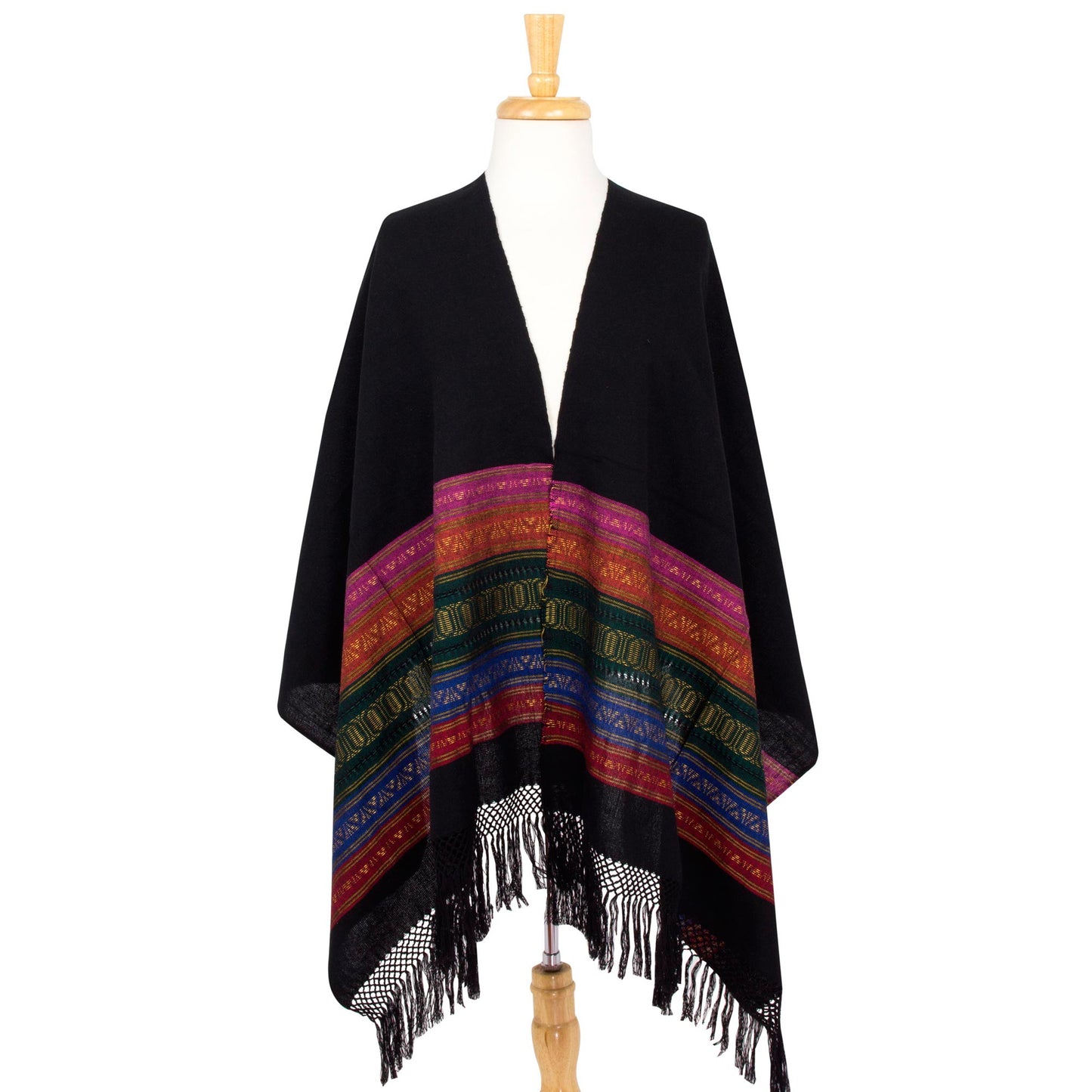 Zapotec Night Splendor Black Zapotec Rebozo Shawl with Colorful Geometric Stripes