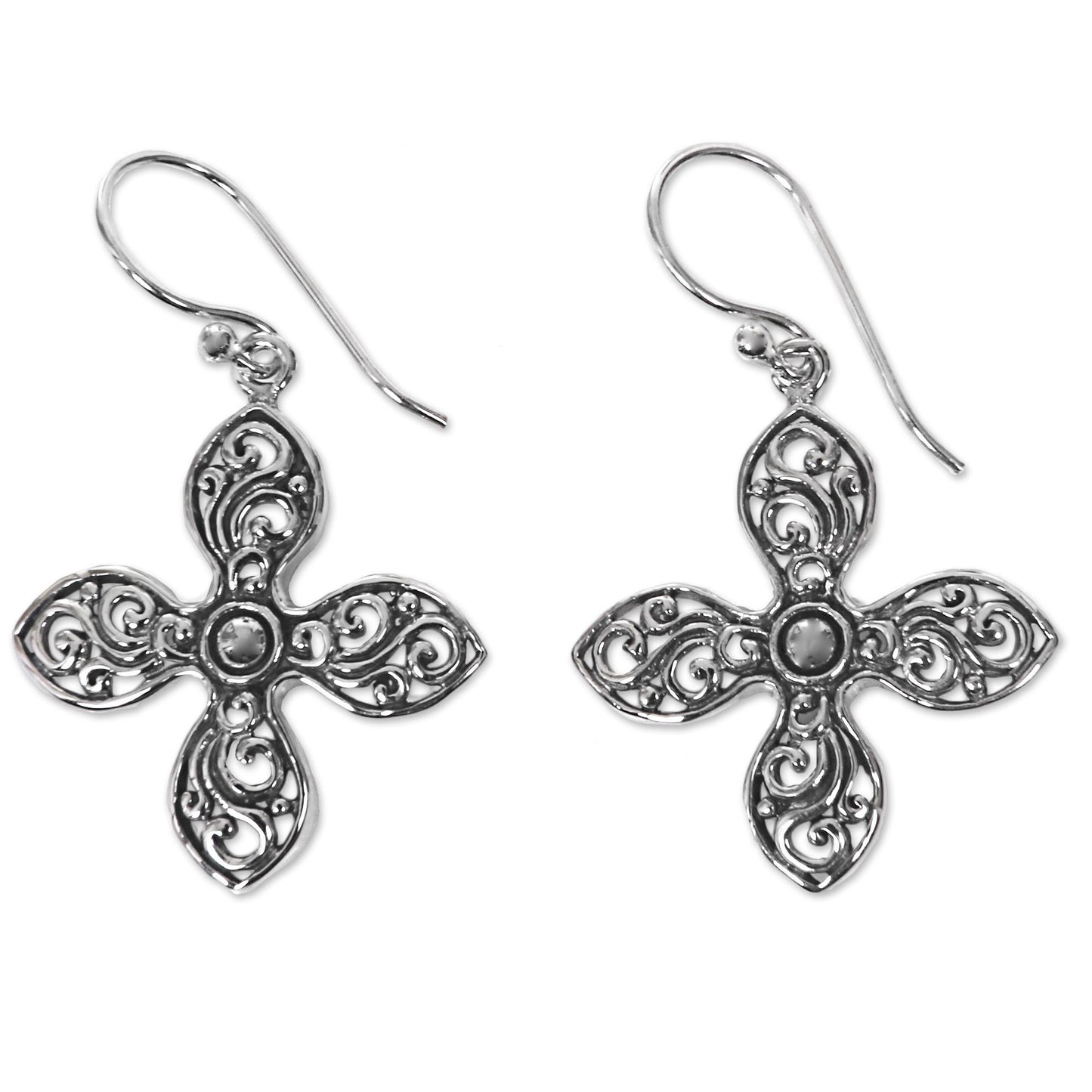 Melati Cross Handcrafted Floral Silver Cross Shaped Earrings from Bali