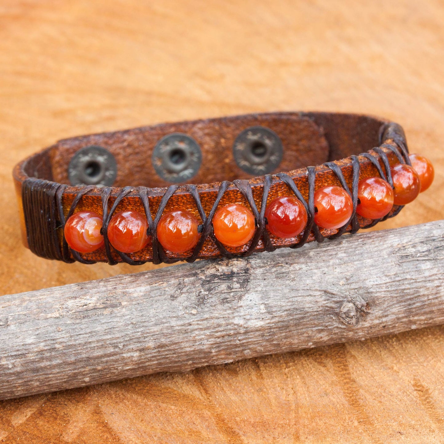 Rock Walk in Orange Hand Crafted Carnelian and Leather Band Bracelet