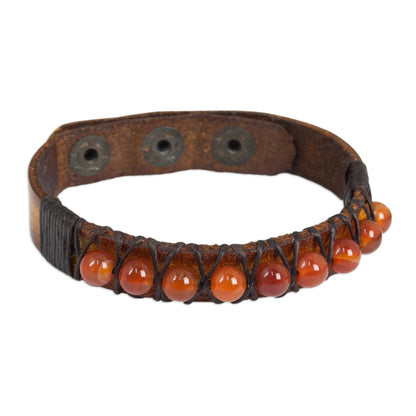 Rock Walk in Orange Hand Crafted Carnelian and Leather Band Bracelet