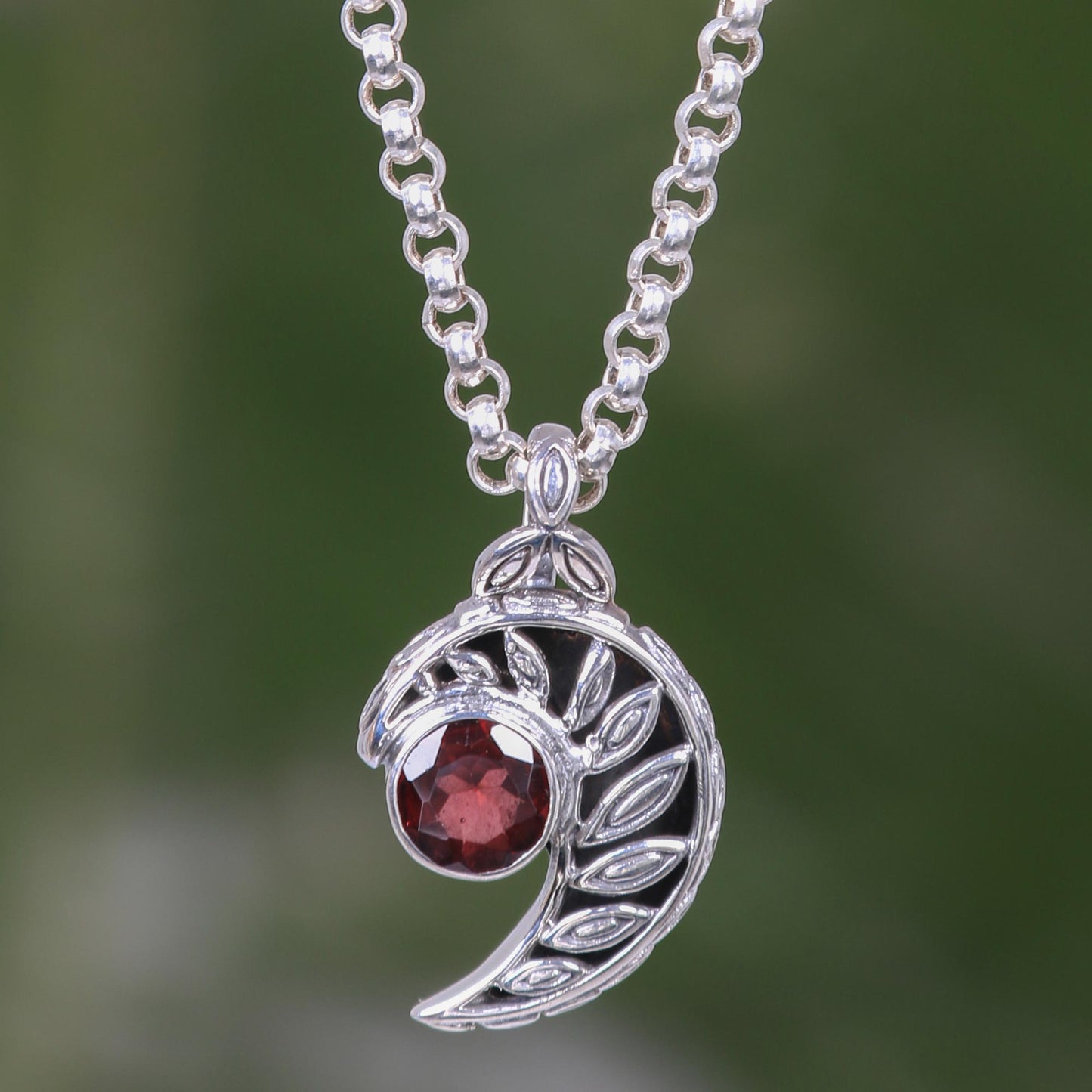 Silver Fern Embrace Balinese Handcrafted Silver Fern Theme Garnet Necklace