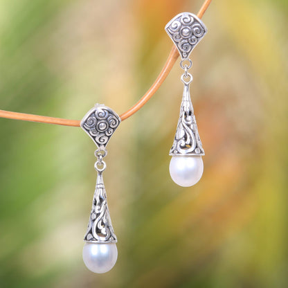 Lotus Bud Promise Balinese Cultured Pearl Earrings Crafted of Sterling Silver