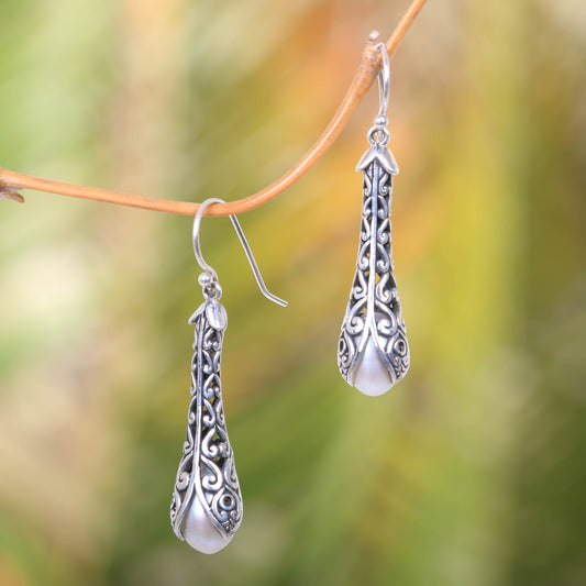 Clove Island Sterling Silver Tendrils and Cultured Pearl Earrings