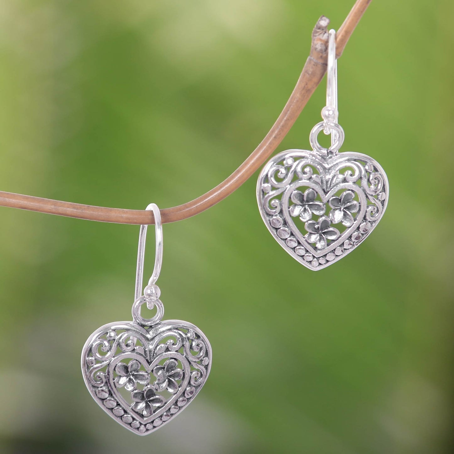 Romantic Frangipani Handcrafted Floral Heart Earrings in Sterling Silver