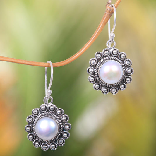 Strong Sun Hand-Crafted Cultured Pearl and Silver Earrings Sun Shaped