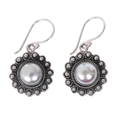 Strong Sun Hand-Crafted Cultured Pearl and Silver Earrings Sun Shaped