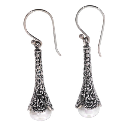 White Honeysuckle Silver 925 Elongated Balinese Earrings with Cultured Pearl