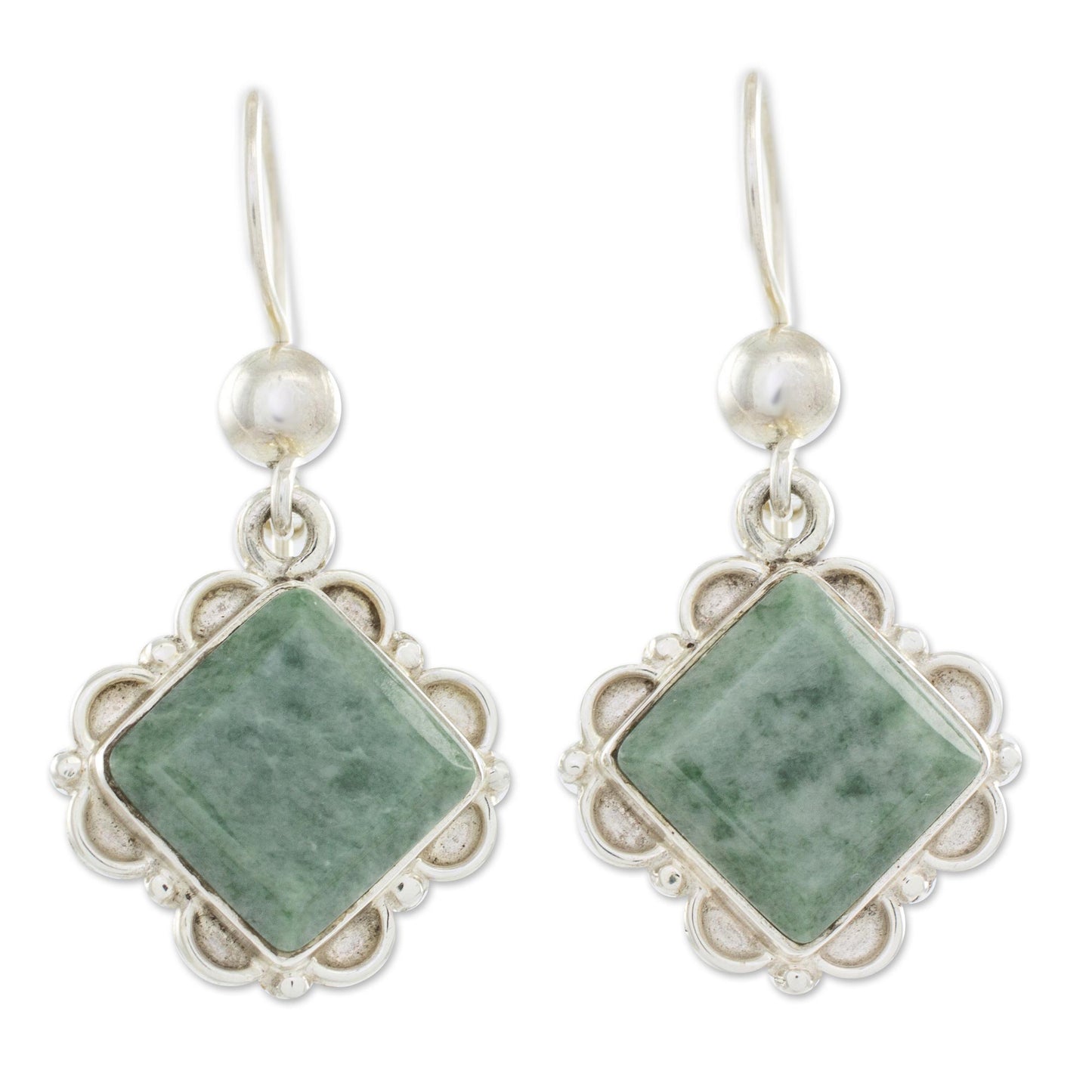 Light Green Floral Diamond Silver Diamond Shaped Floral Jade Earrings in Light Green