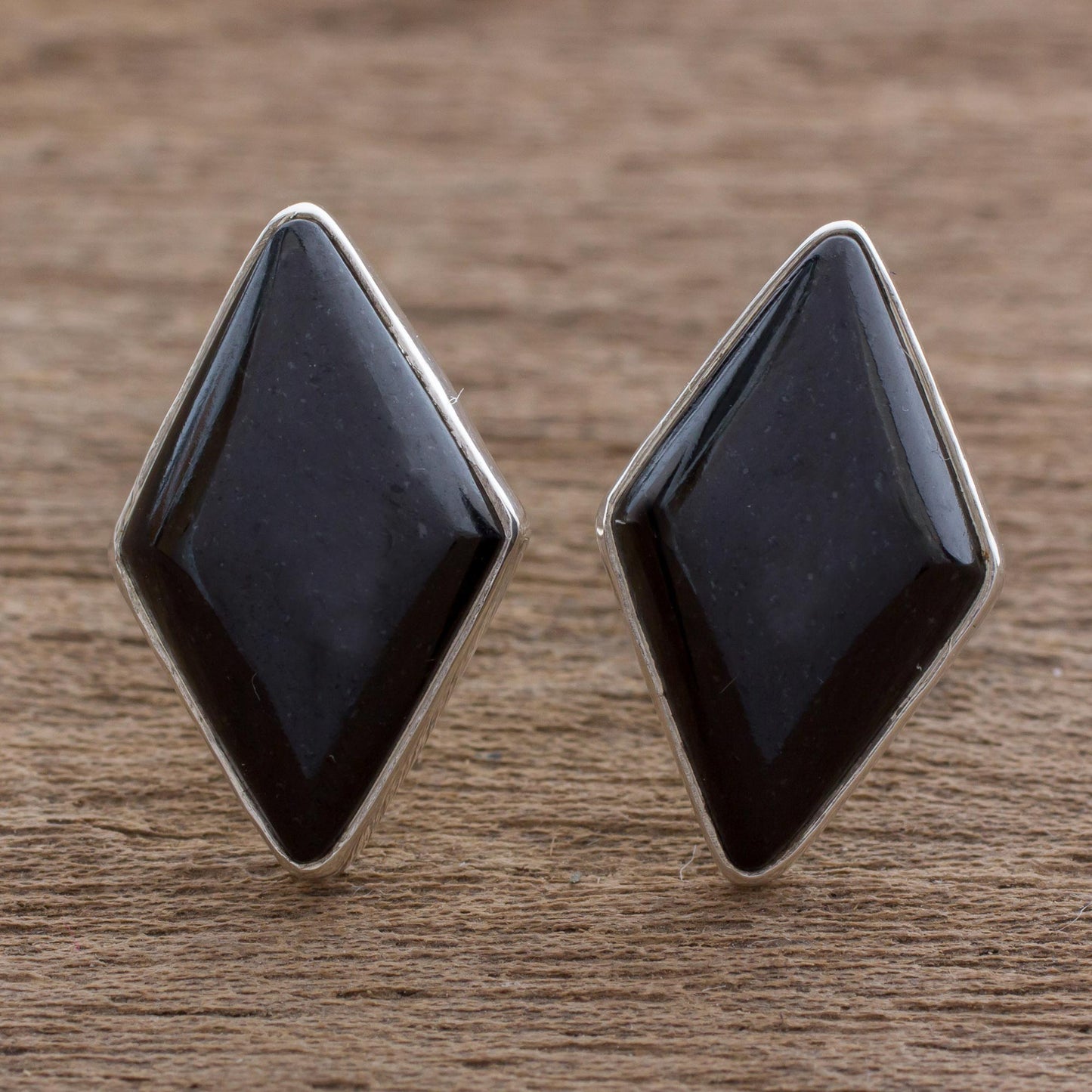 Midnight Maya Diamond Modern Guatemalan Black Jade Post Earrings